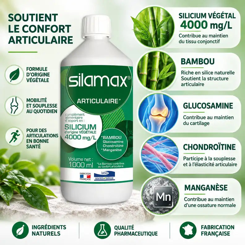 Bouteille SILAMAX silicium 4000mg/L avec ingrédients actifs : bambou, glucosamine, chondroïtine et manganèse