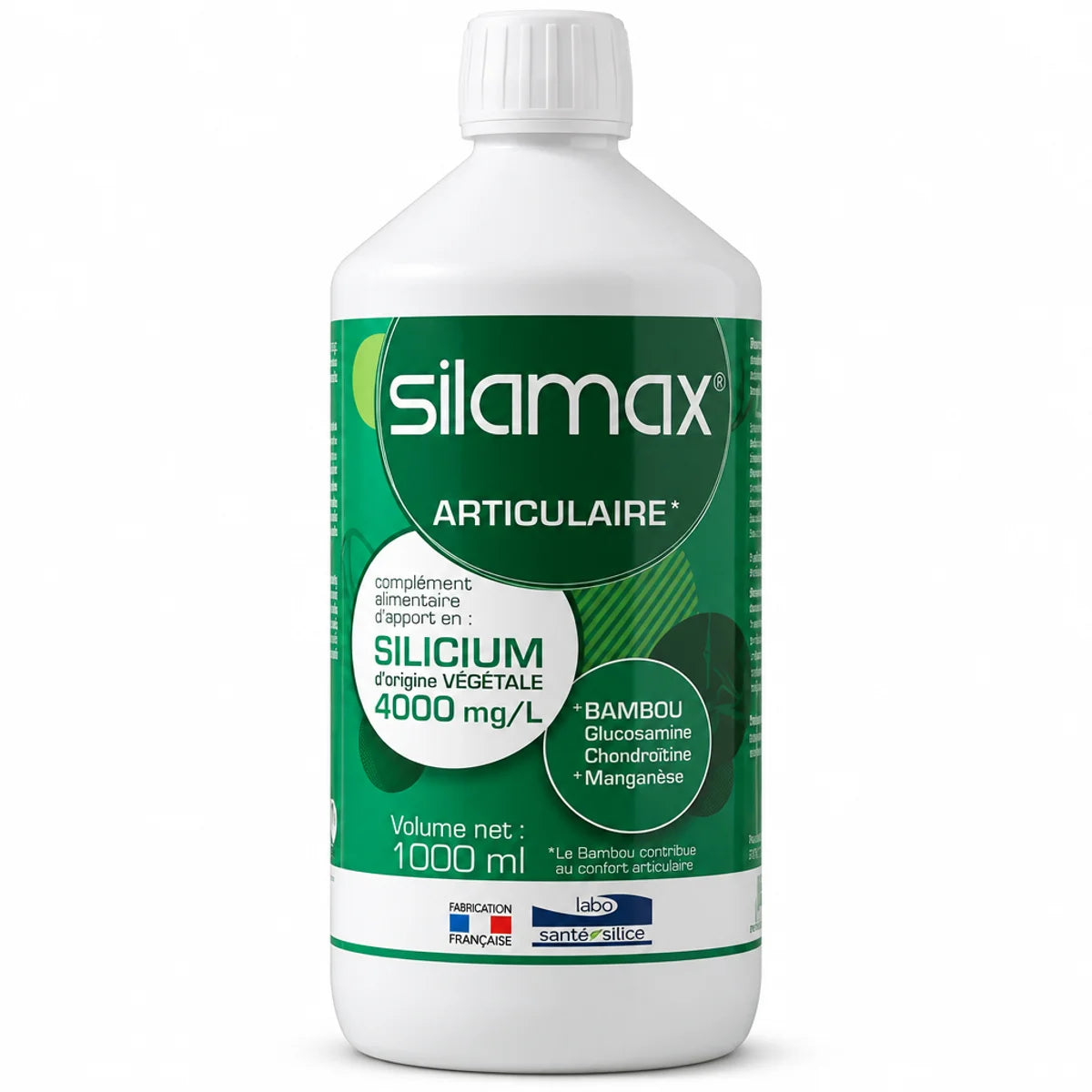 Bouteille SILAMAX silicium 4000 mg/L 1L avec étiquette verte et blanche sur fond blanc