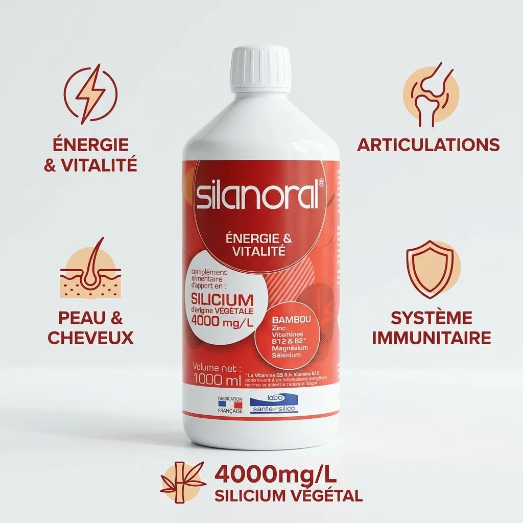Silanoral 1L - Bouteille silicium végétal avec infographies bénéfices santé articulations peau cheveux