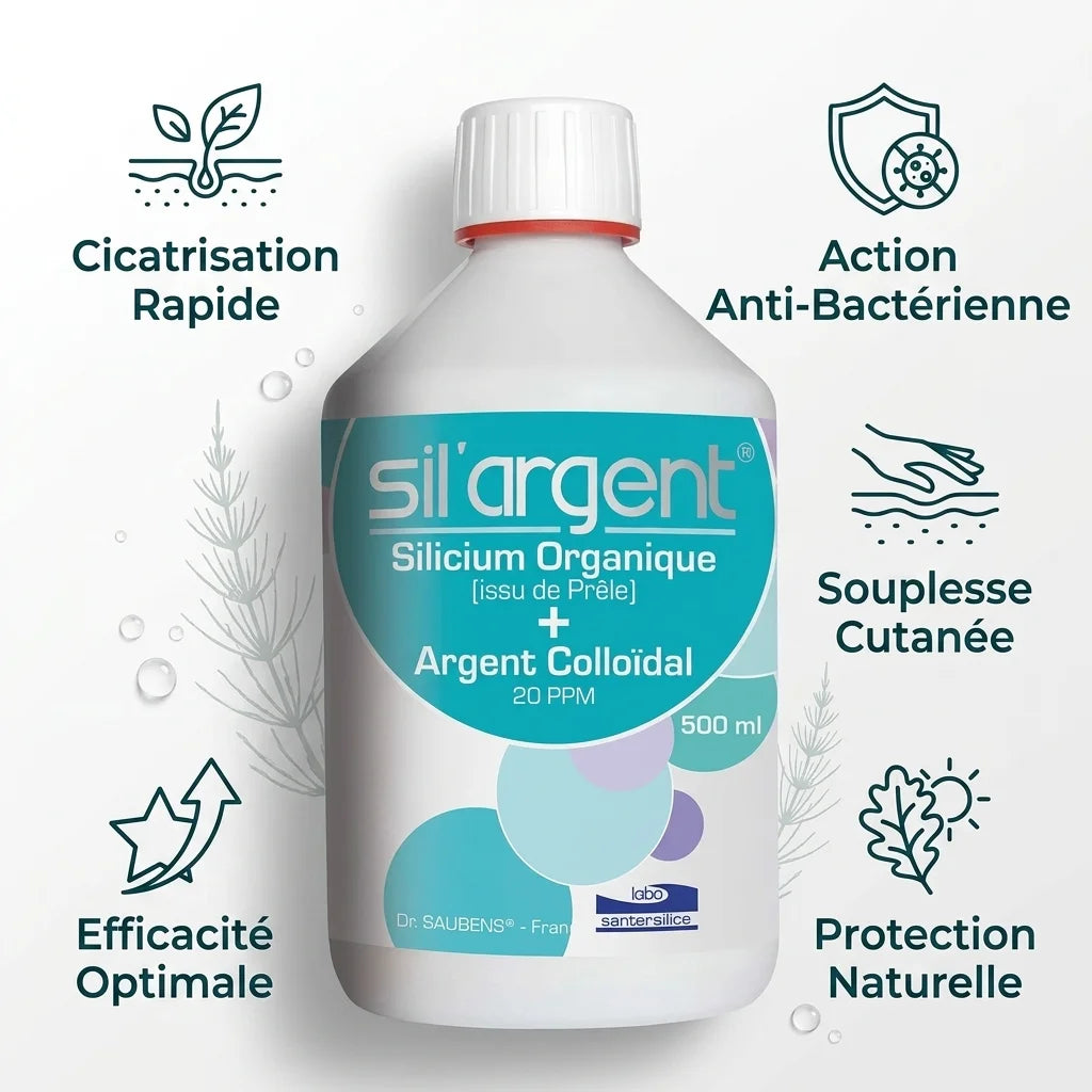 Sil'Argent 500ml antiseptique naturel avec icônes bénéfices cicatrisation action anti-bactérienne