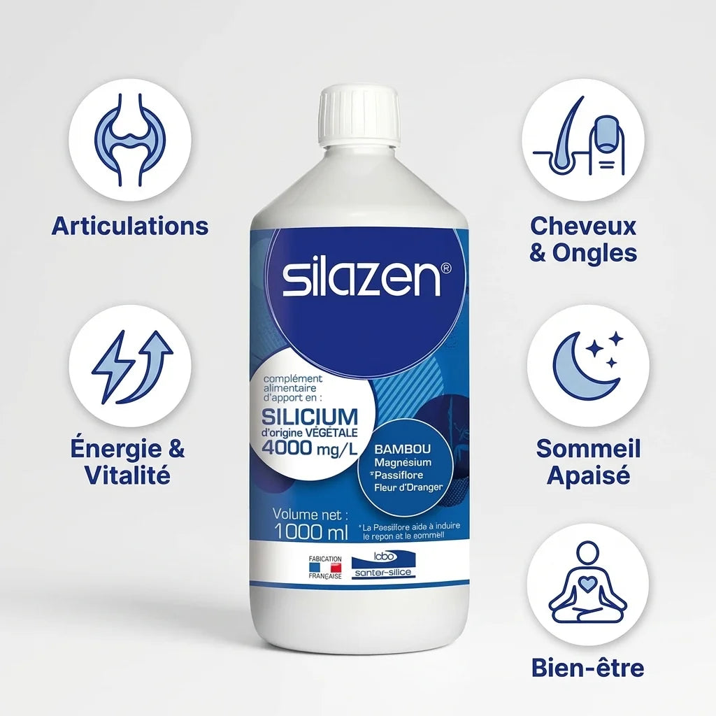 Bouteille Silazen silicium végétal 4000mg avec bénéfices: articulations, cheveux, énergie, sommeil, bien-être