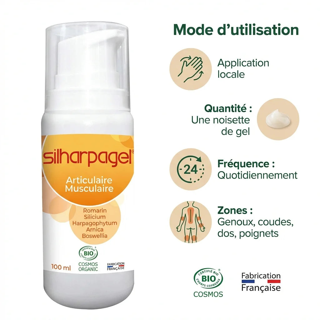 Silharpagel Bio 100ml gel certifié bio avec guide d'utilisation et zones d'application