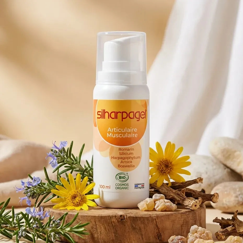 Silharpagel Bio 100ml gel certifié, entouré de romarin et arnica pour le confort articulaire