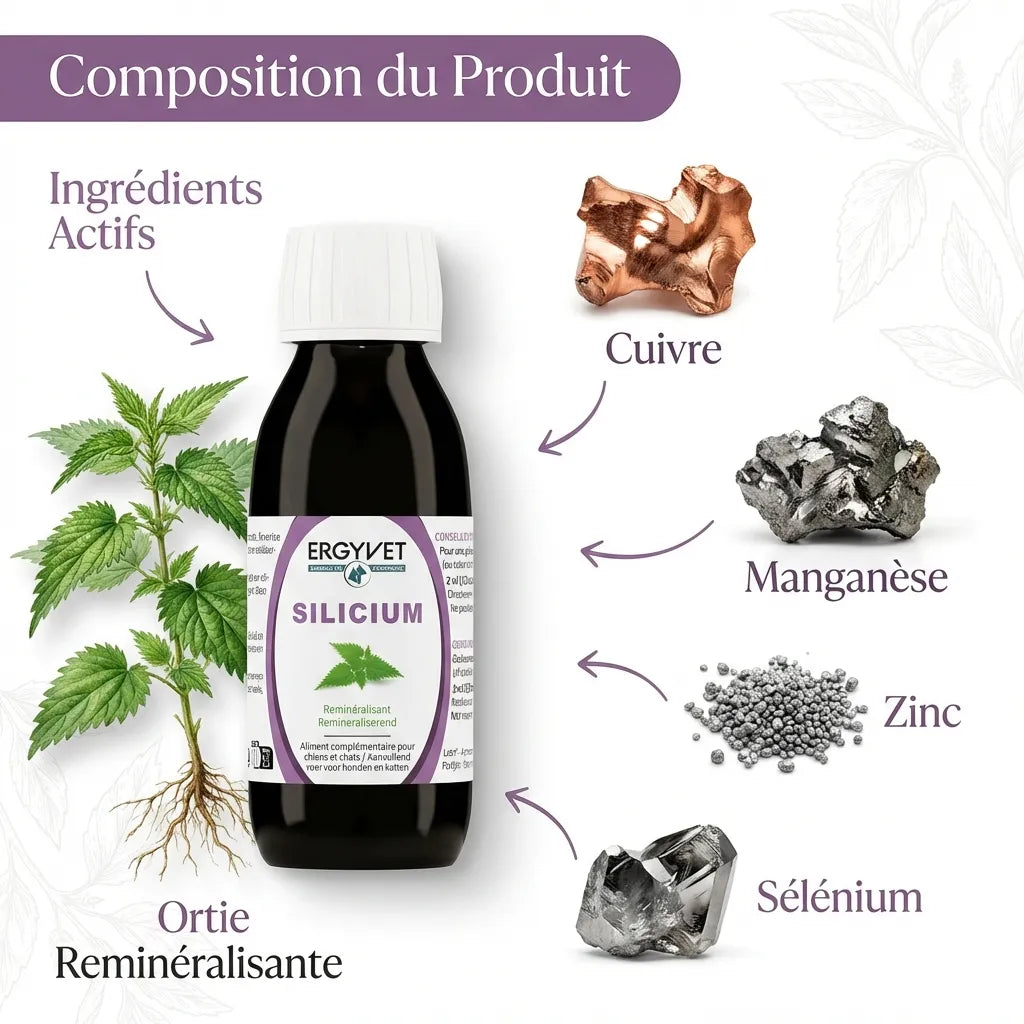 Silicium Ergyvet 100ml pour confort articulaire chien chat avec ortie, cuivre, manganèse, zinc, sélénium