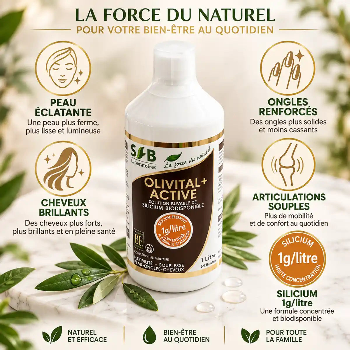 Silicium Organique Olivital Active 1L avec bénéfices peau, ongles, cheveux et articulations