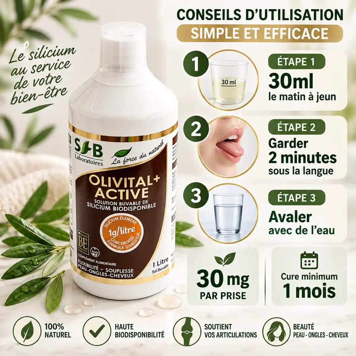Silicium Organique Olivital + Active 1L avec guide d'utilisation et dosage 30ml matin à jeun