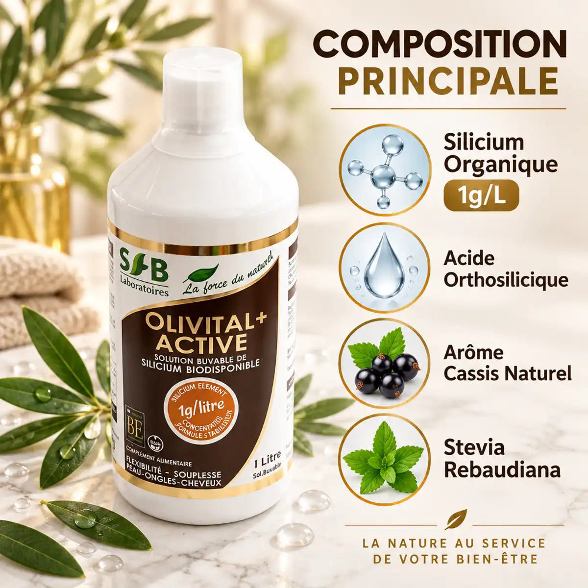 Silicium Organique Olivital + Active 1L avec composition: silicium organique, acide orthosilicique, cassis et stévia