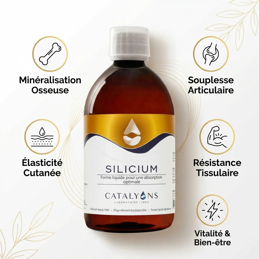 Silicium Catalyons 500ml avec infographie bénéfices os et articulations