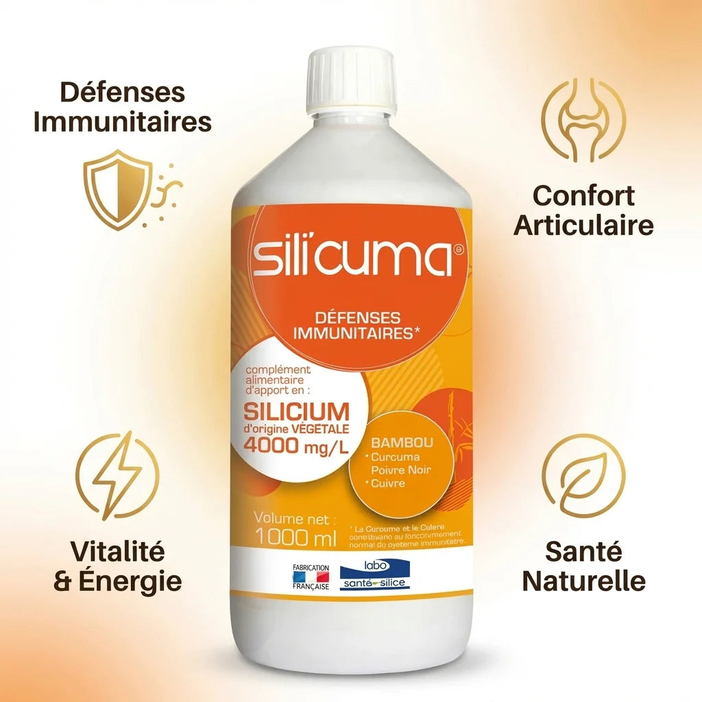 SILI'CUMA flacon 1L défenses immunitaires et articulations avec icônes bénéfices santé naturelle