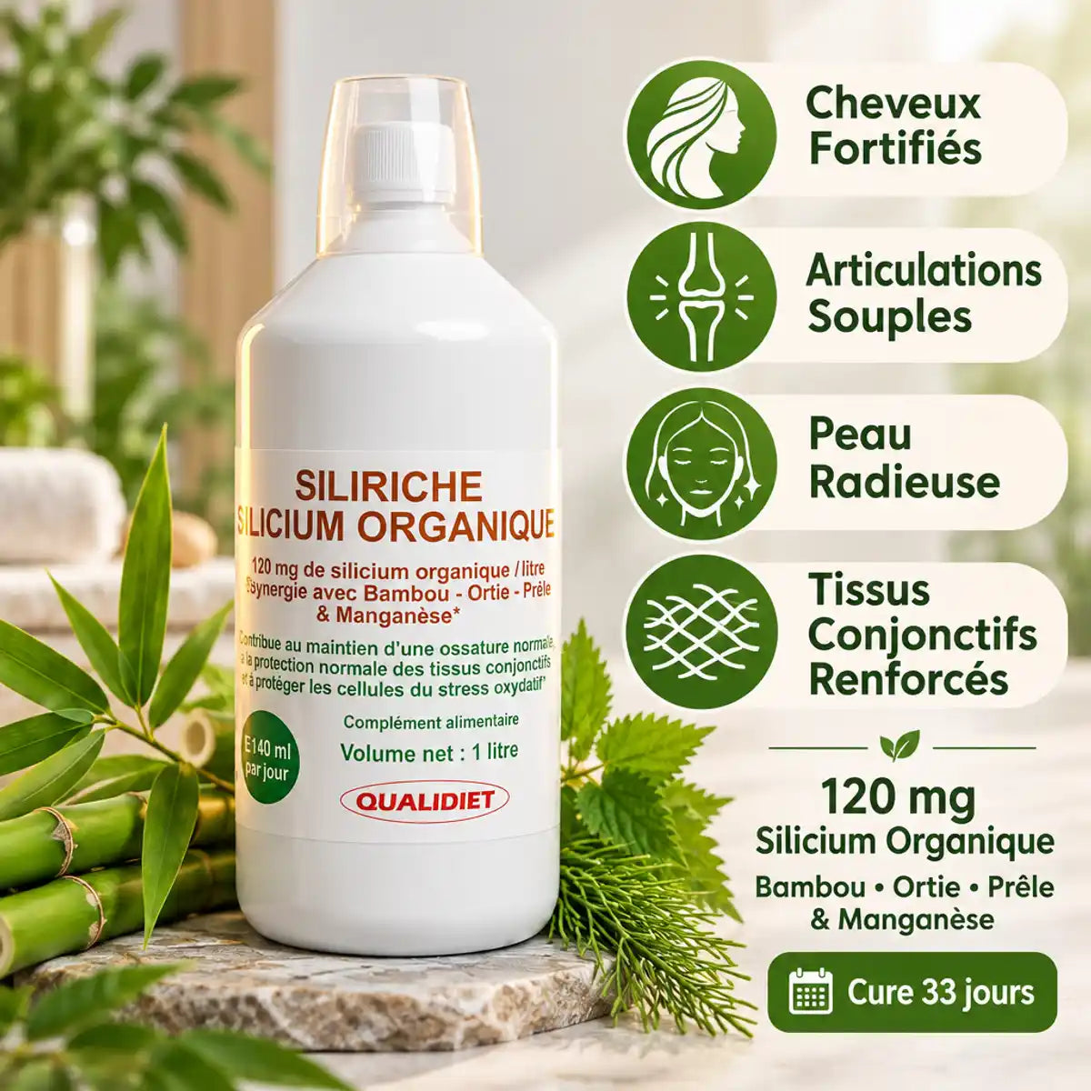 Siliriche Silicium Organique 1L avec bénéfices santé : cheveux, articulations, peau et tissus conjonctifs renforcés