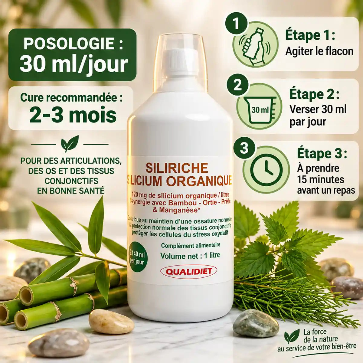 Bouteille Siliriche Silicium 1L Qualidiet avec posologie 30ml/jour et plantes naturelles bambou ortie prêle