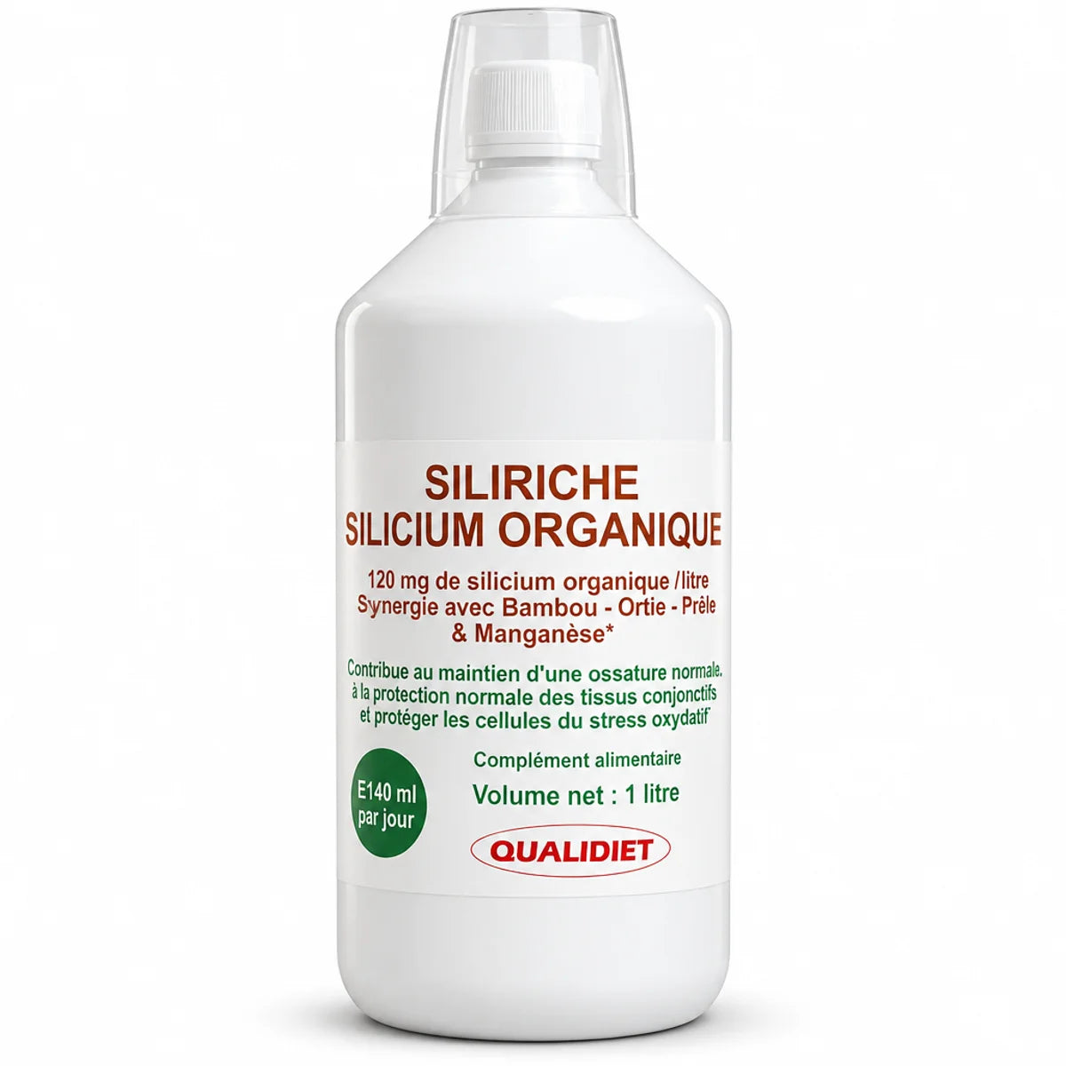 Siliriche Silicium 1 litre Qualidiet - Supplément organique avec pompe doseur sur fond blanc
