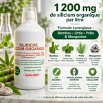 Bouteille Siliriche Silicium 1L Qualidiet avec infographie: 1200mg silicium organique, bambou, ortie, prêle et manganèse