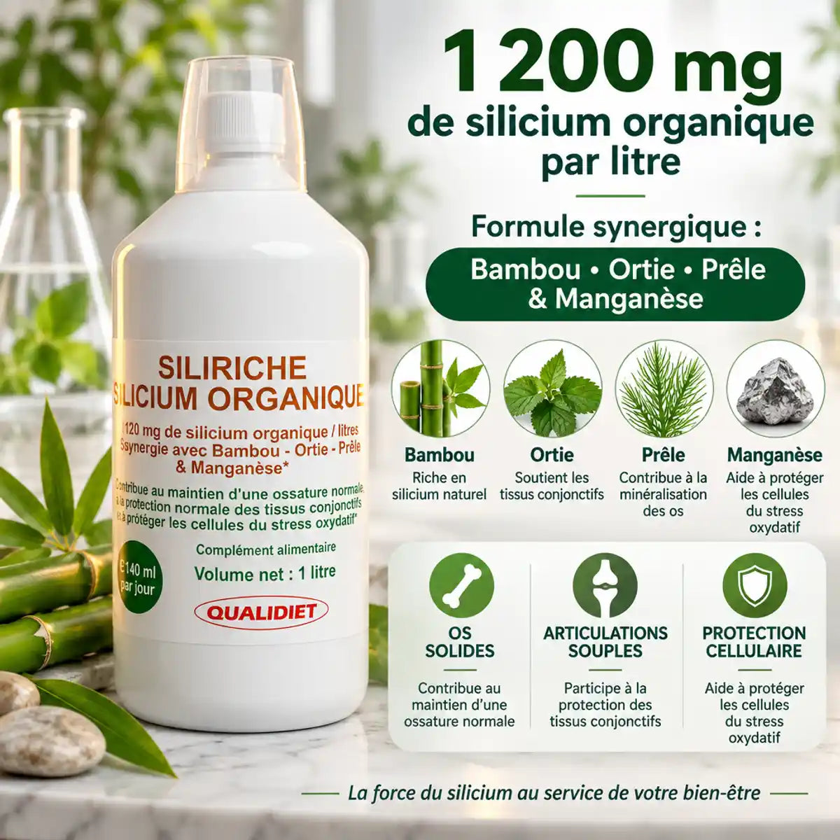 Bouteille Siliriche Silicium 1L Qualidiet avec infographie: 1200mg silicium organique, bambou, ortie, prêle et manganèse