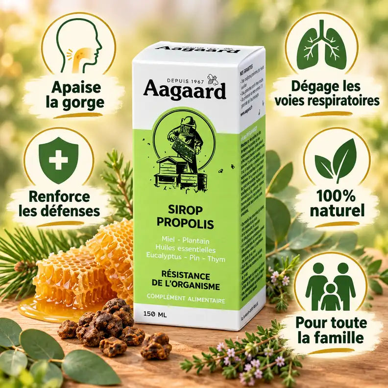 Sirop à la propolis Aagaard 150ml avec ses bénéfices : apaise la gorge et renforce les défenses naturelles