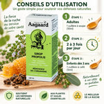 Sirop à la propolis Aagaard 150ml avec posologie adultes et enfants, infographie dosage