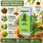 Sirop propolis Aagaard 150ml avec composition plantes eucalyptus thym et miel certifié Allemagne
