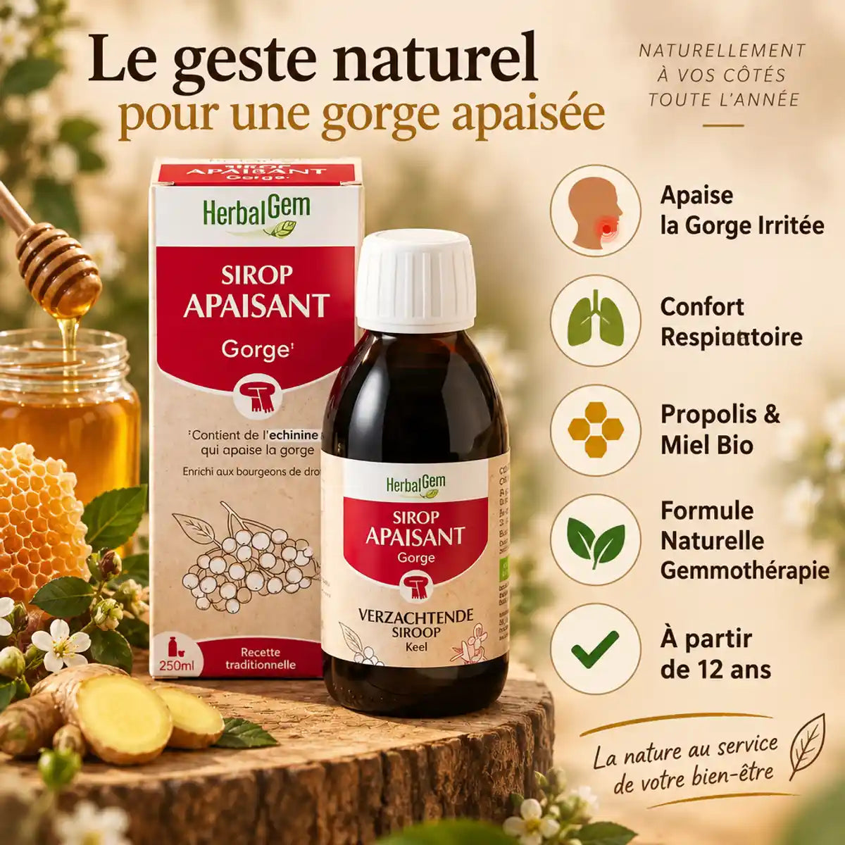 Sirop Apaisant Gorge HerbalGem 250ml bio avec bénéfices : propolis, miel, confort respiratoire