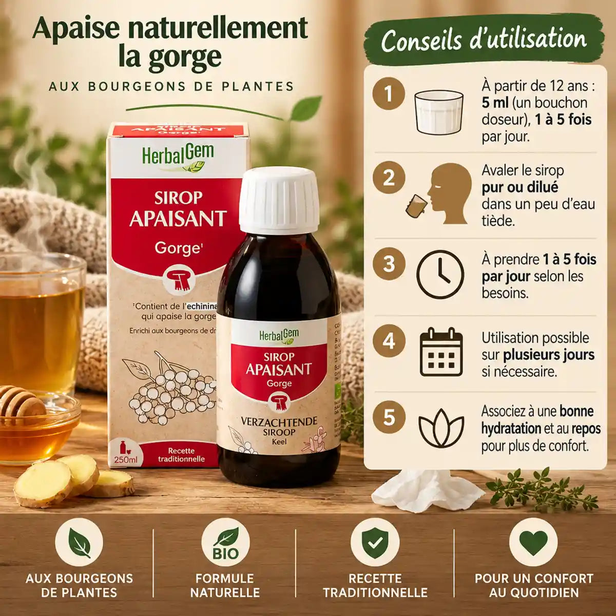 Sirop Apaisant Gorge bio HerbalGem 250ml avec guide d'utilisation et dosage recommandé