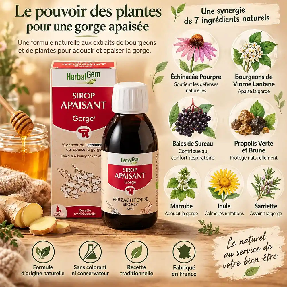 Sirop Apaisant Gorge bio HerbalGem 250ml avec ingrédients naturels: échinacée, sureau et propolis