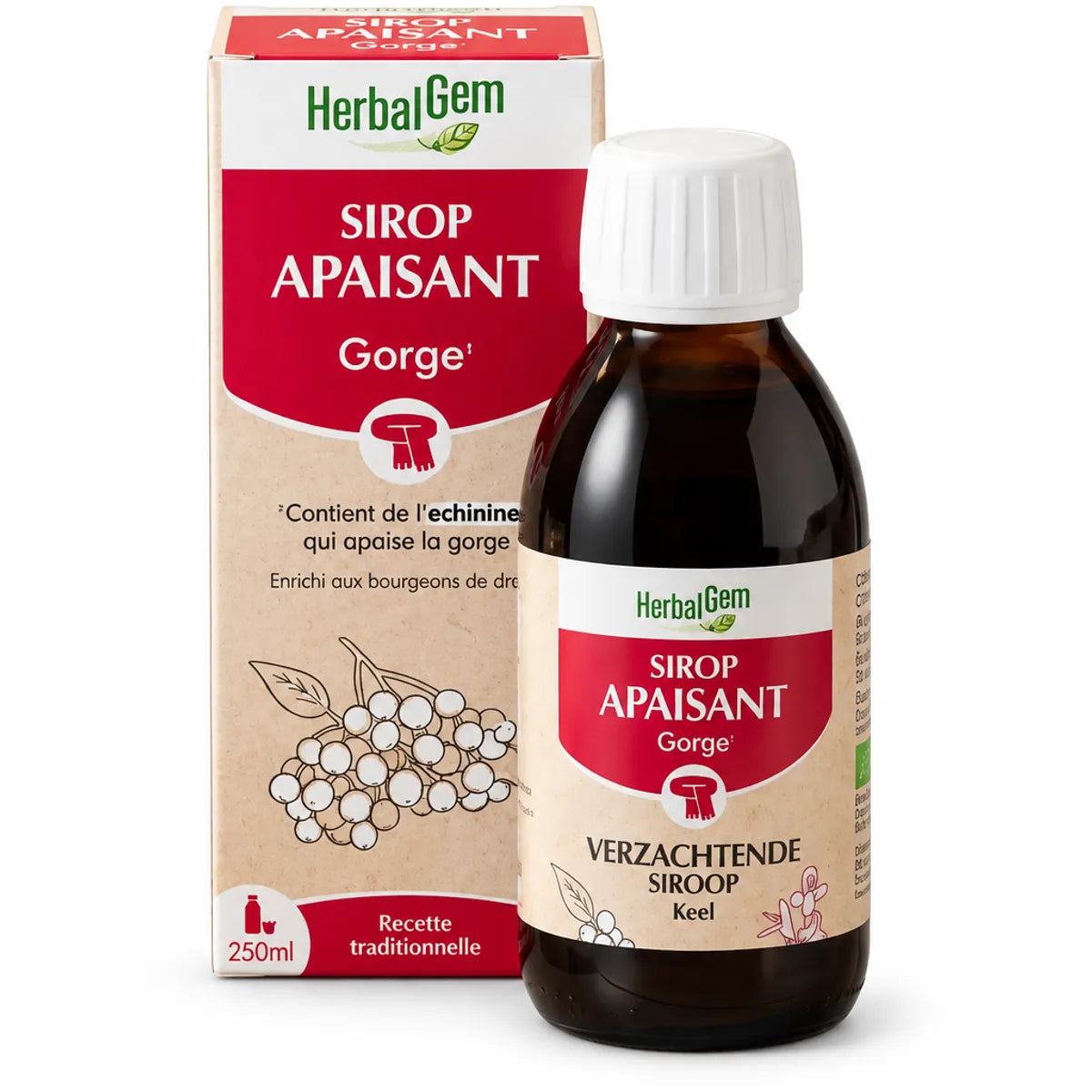 Sirop Apaisant Gorge bio HerbalGem 250ml bouteille avec boîte sur fond blanc