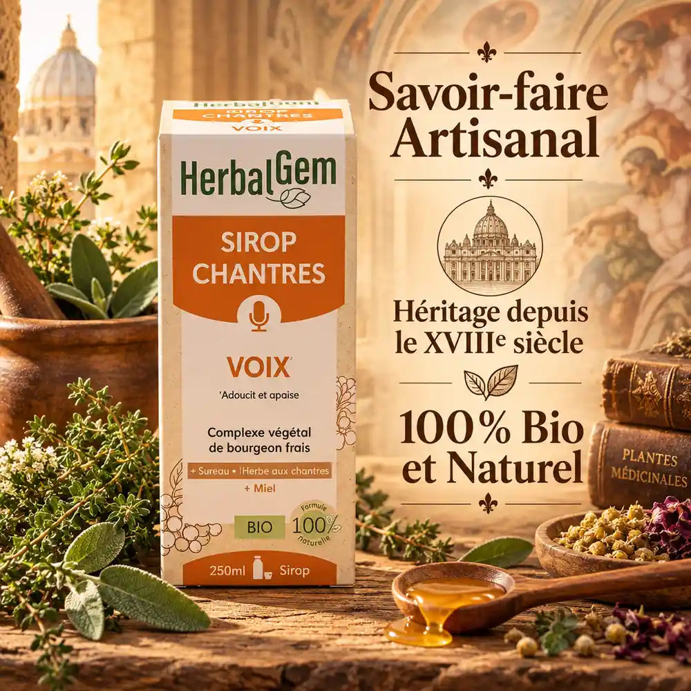 Sirop Chantres Voix Bio HerbalGem 250ml avec herbes et miel, héritage artisanal naturel