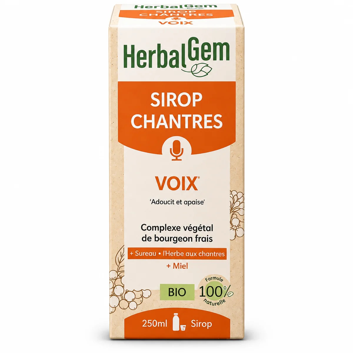 Sirop Chantres Voix enrouée Bio HerbalGem 250ml flacon avec emballage