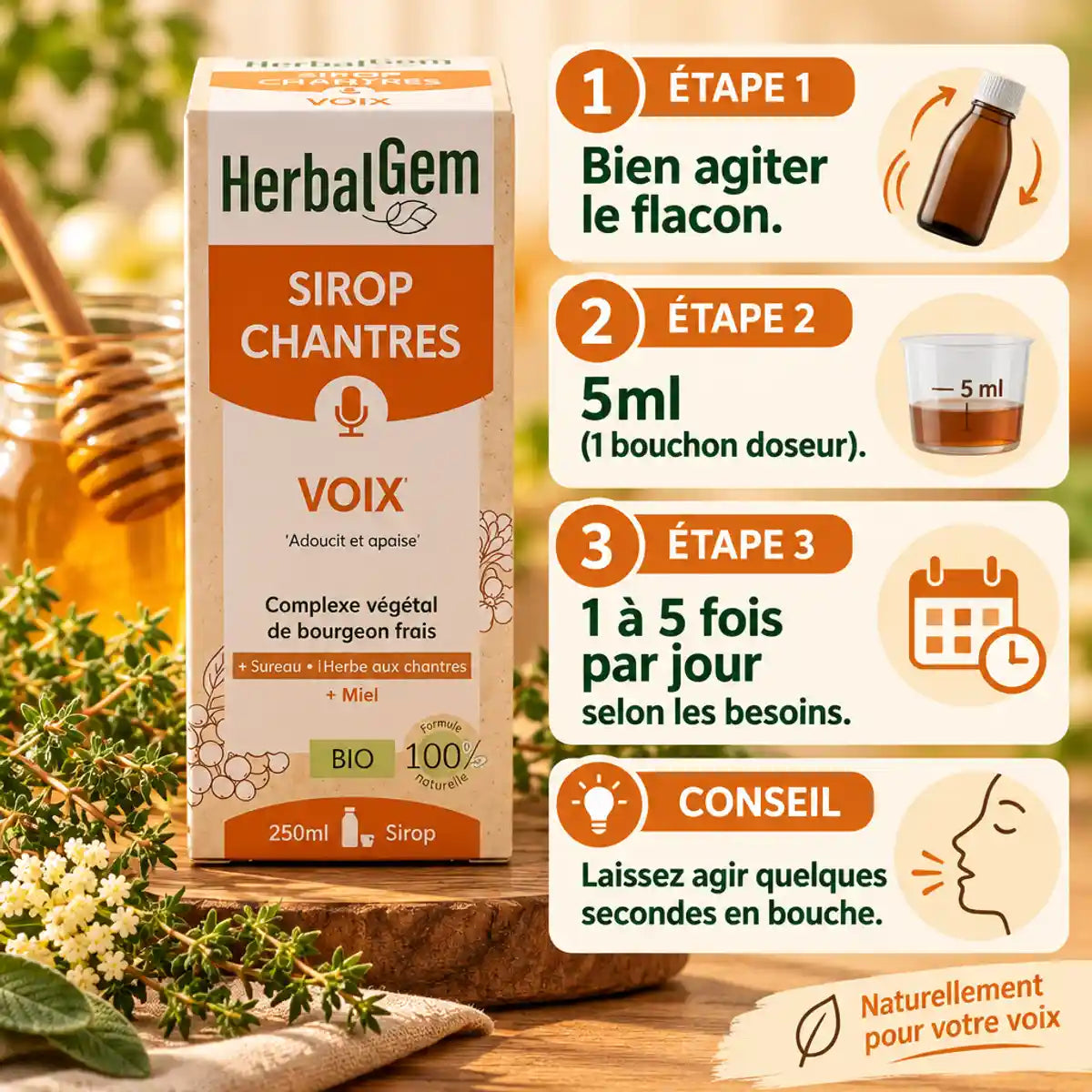 Sirop des Chantres Bio HerbalGem 250ml avec guide posologie, ingrédients naturels pour la voix