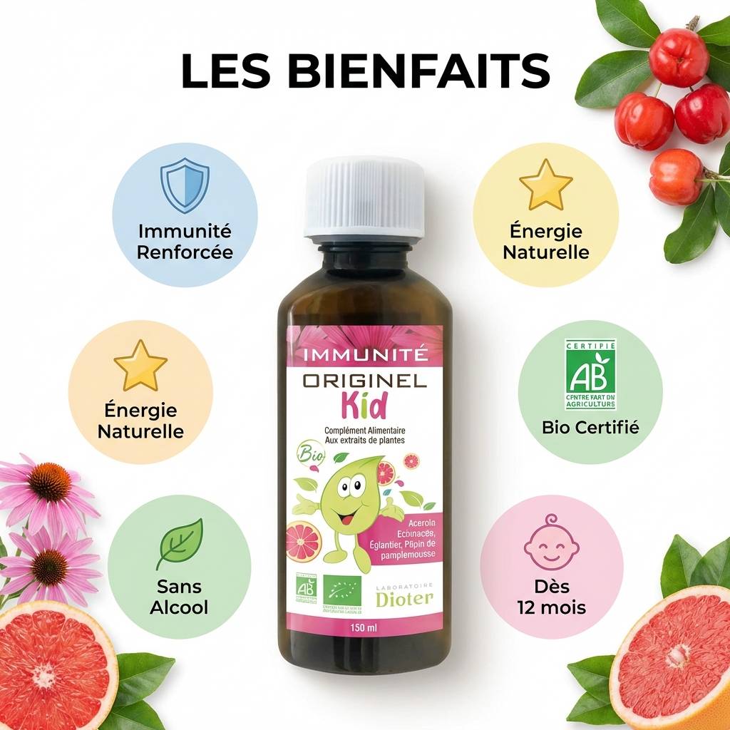 Sirop immunité bio Originel Kid Dioter 150ml avec bénéfices : immunité renforcée, énergie naturelle, sans alcool