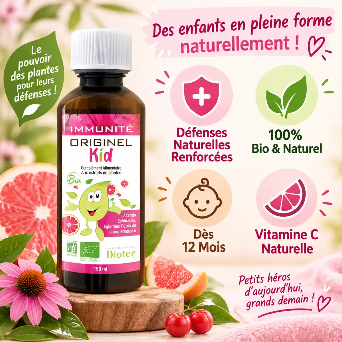 Sirop immunité Originel Kid bio 150ml avec bénéfices: défenses naturelles, 100% bio, dès 12 mois, vitamine C