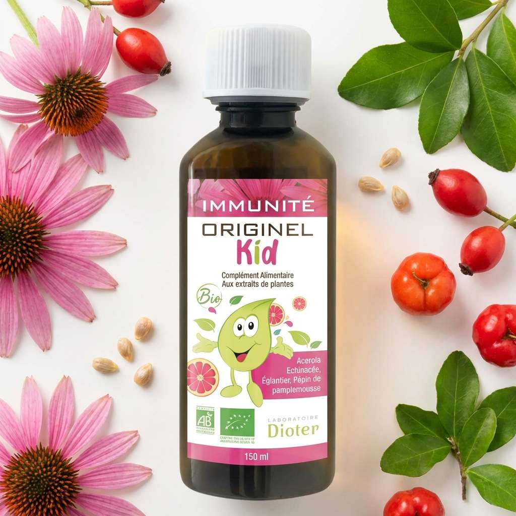 Sirop immunité enfant bio Originel Kid 150ml avec ingrédients naturels echinacea rosehip