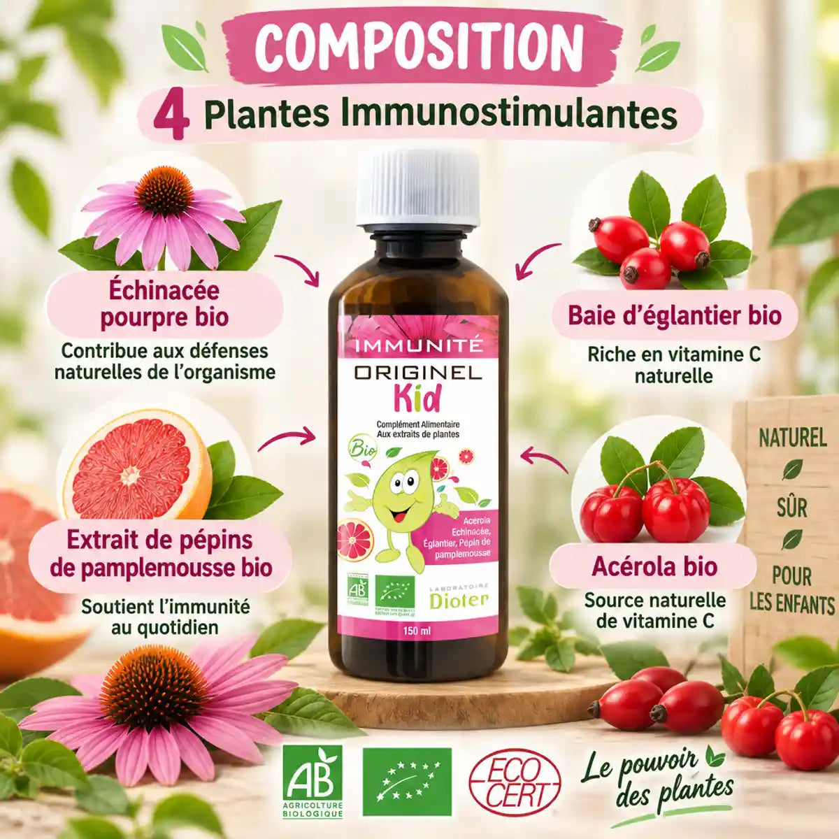 Sirop immunité enfant bio Originel Kid 150ml avec 4 plantes: échinacée, églantier, pépins pamplemousse, acérola