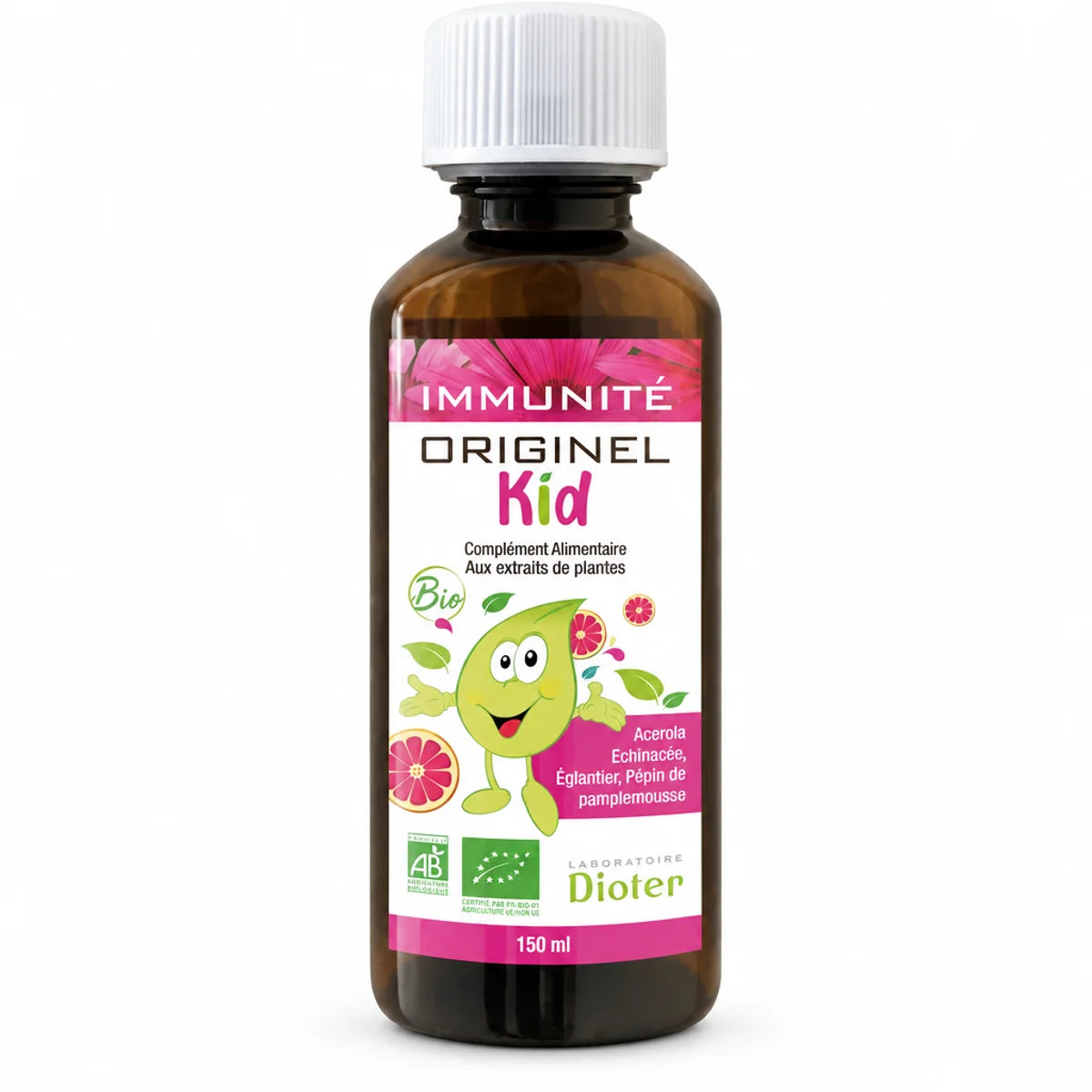 Sirop immunité bio Originel Kid 150ml Dioter - Flacon verre avec mascotte poire