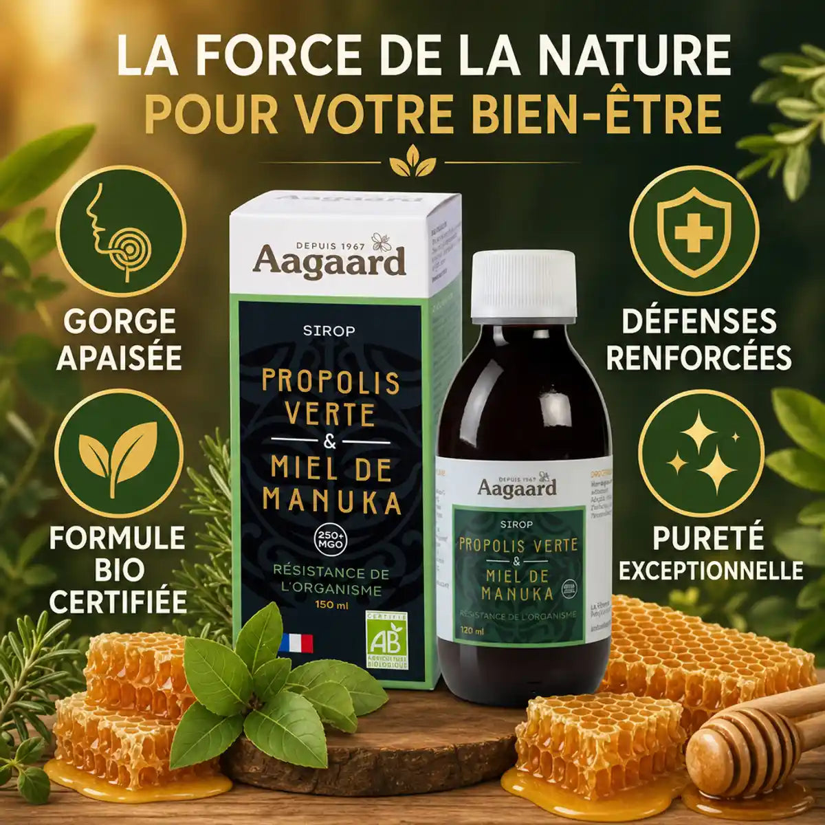 Sirop Propolis Verte et Miel de Manuka 150ml Aagaard avec bénéfices santé gorge et défenses