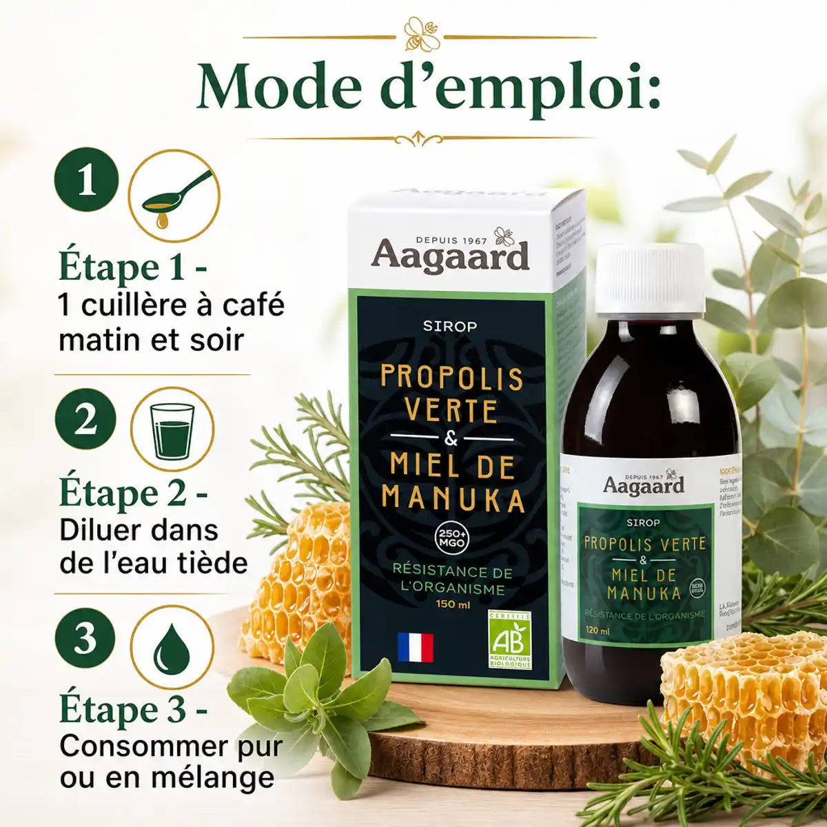 Sirop Propolis Verte Miel de Manuka Aagaard 150ml avec guide d'utilisation et ingrédients naturels