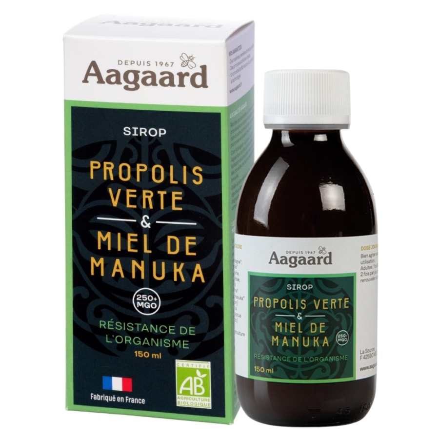 Un Sirop à la Propolis Verte et au Miel de Manuka de 150 ml Aagaard, avec son emballage