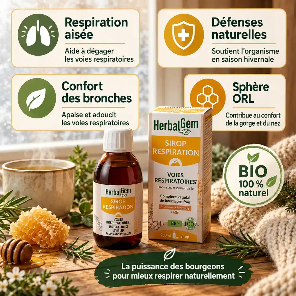 Sirop Respiration bio HerbalGem 250 ml avec tisane, miel et romarin pour le confort des bronches