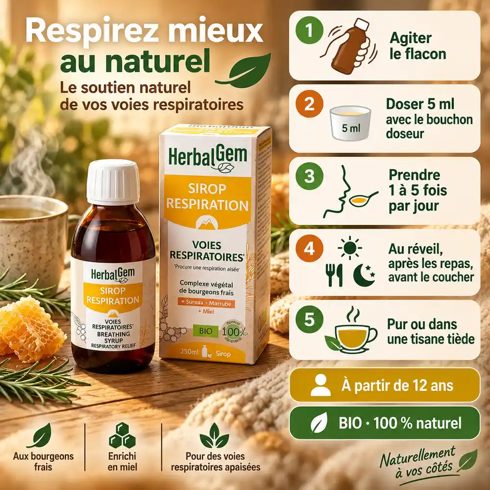 Sirop Respiration bio HerbalGem 250 ml et mode d'emploi en 5 étapes, posé avec tisane, miel et romarin