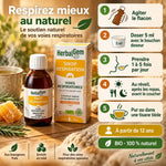 Sirop Respiration bio HerbalGem 250 ml et mode d'emploi en 5 étapes, posé avec tisane, miel et romarin