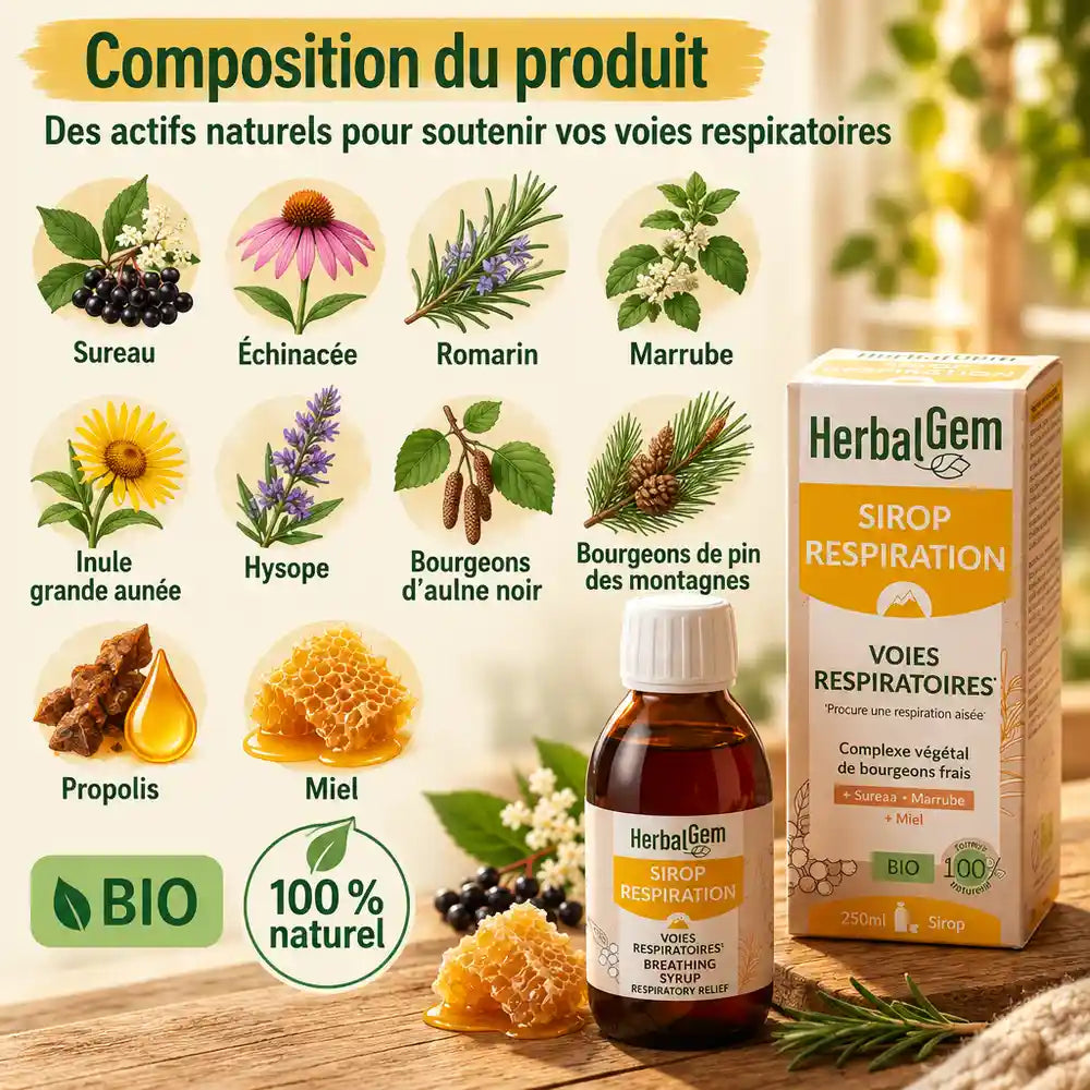 Sirop Respiration bio HerbalGem 250 ml sur table en bois, entouré d'ingrédients : sureau, échinacée, romarin, miel, propolis et bourgeons.