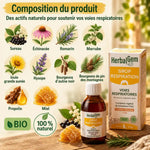 Sirop Respiration bio HerbalGem 250 ml sur table en bois, entouré d'ingrédients : sureau, échinacée, romarin, miel, propolis et bourgeons.