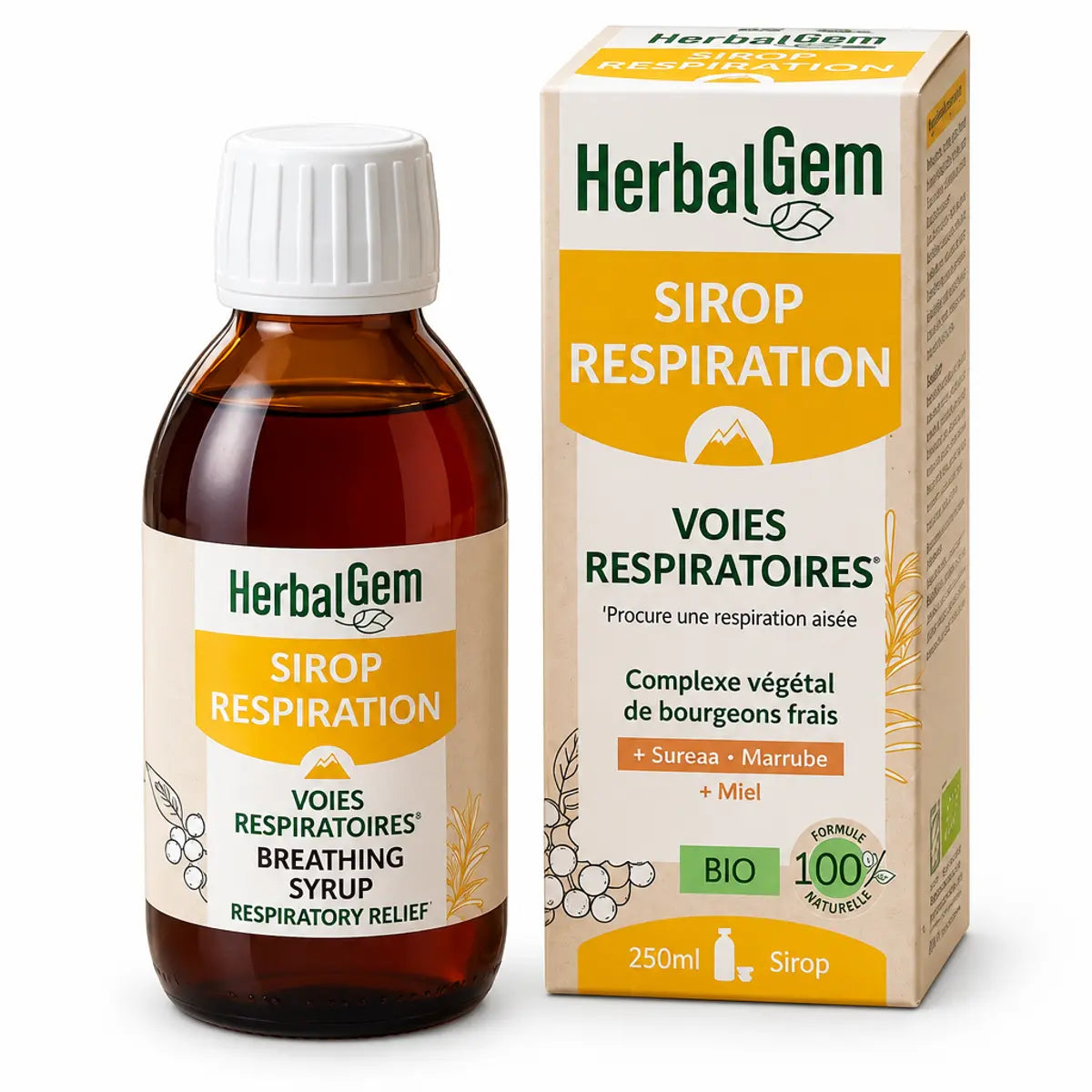 Sirop Respiration bio HerbalGem 250 ml : flacon en verre ambré et boîte en carton bio sur fond blanc