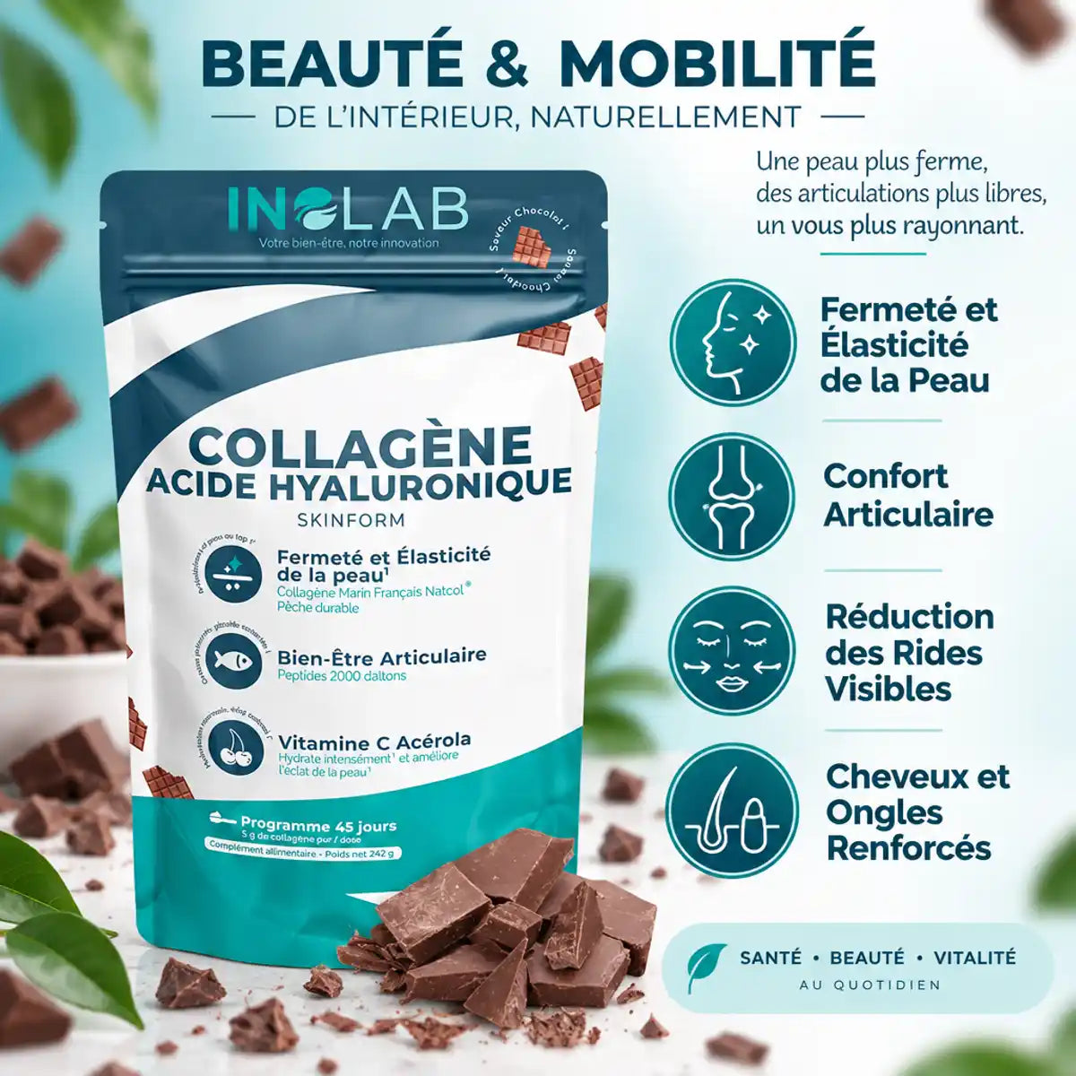Skinform Collagène Marin Acide Hyaluronique chocolat 242g avec bénéfices peau et articulations