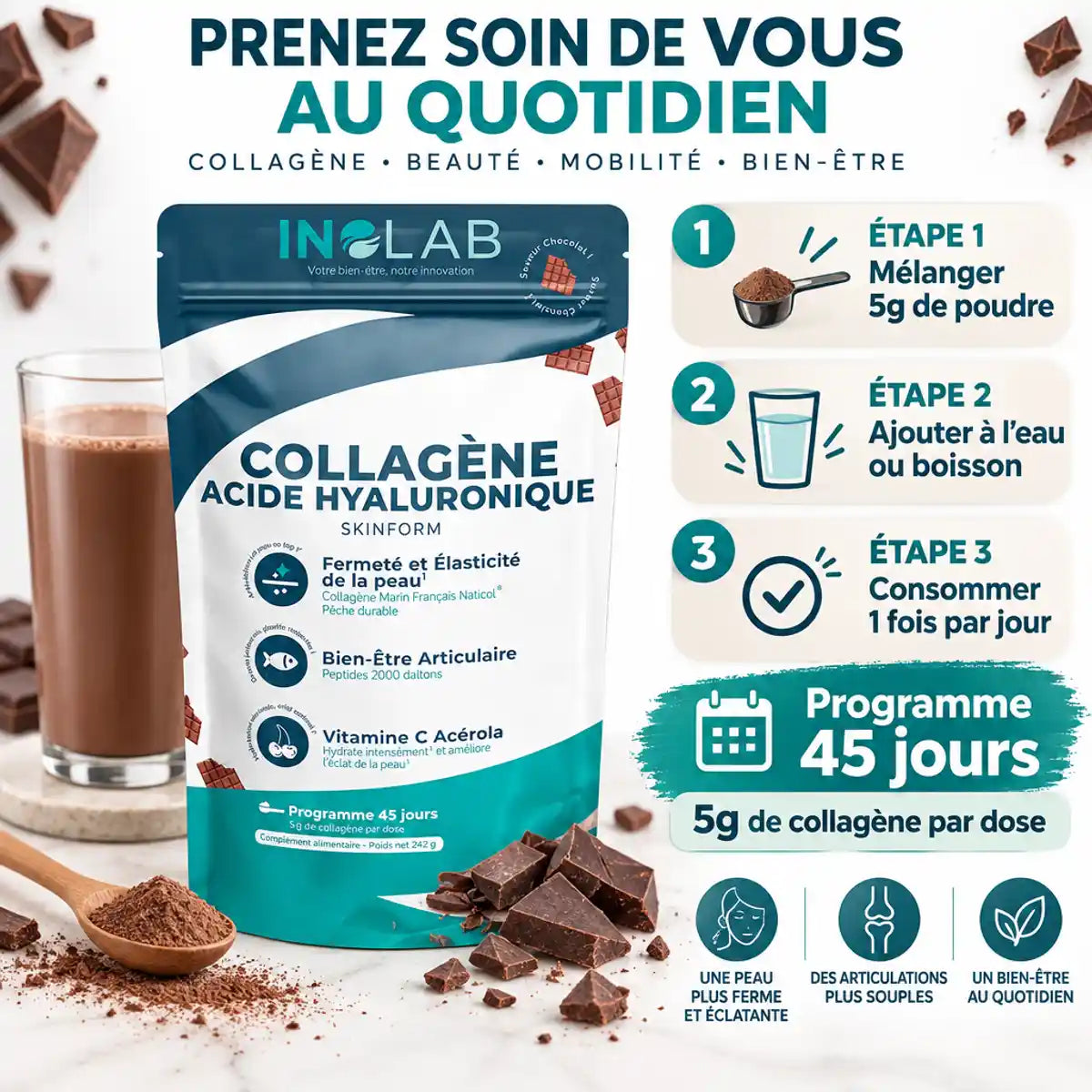 Skinform Collagène Marin Hyaluronique chocolat 242g avec mode d'emploi et programme 45 jours
