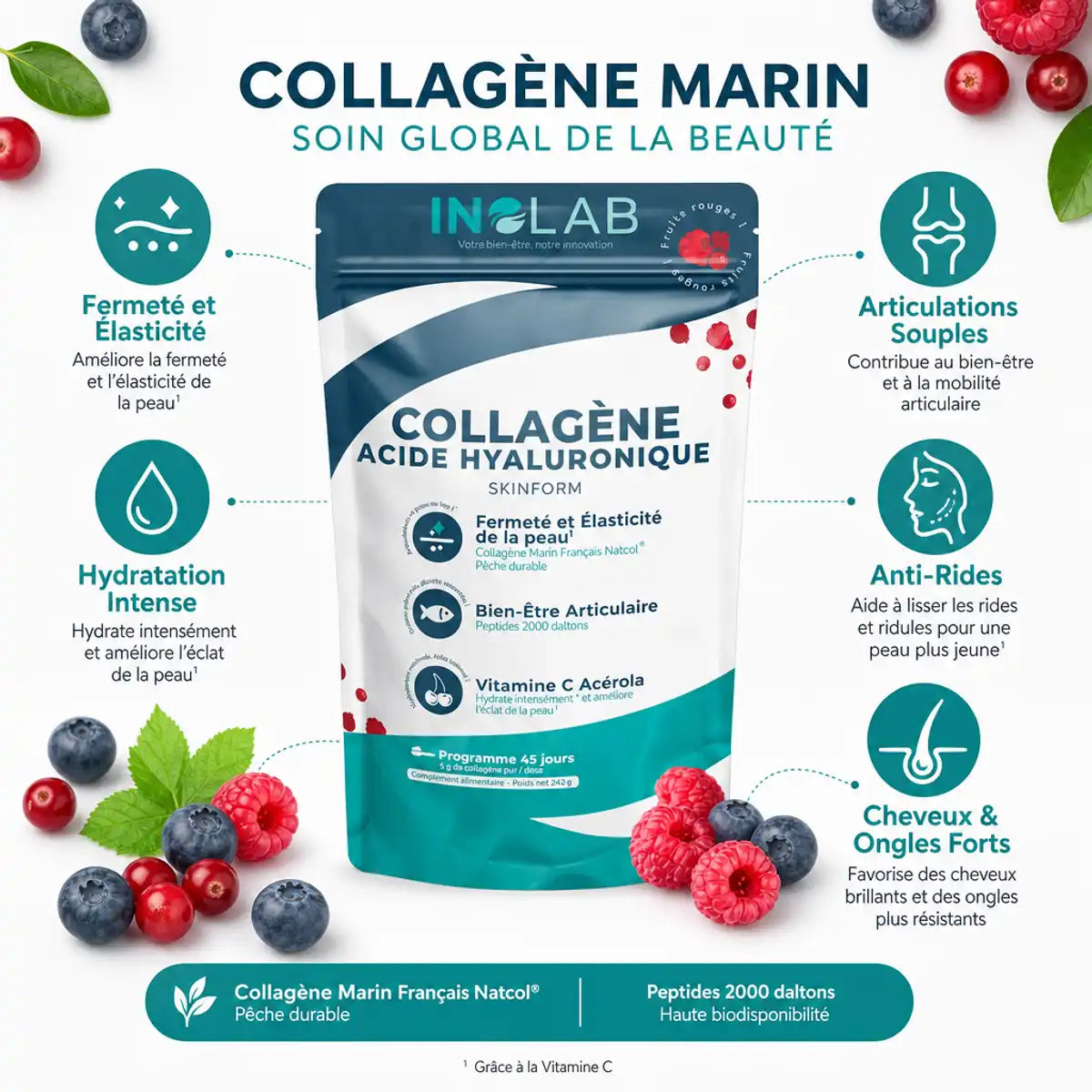 Skinform Collagène Marin fruits rouges avec bénéfices peau, articulations et cheveux - Inolab 242g
