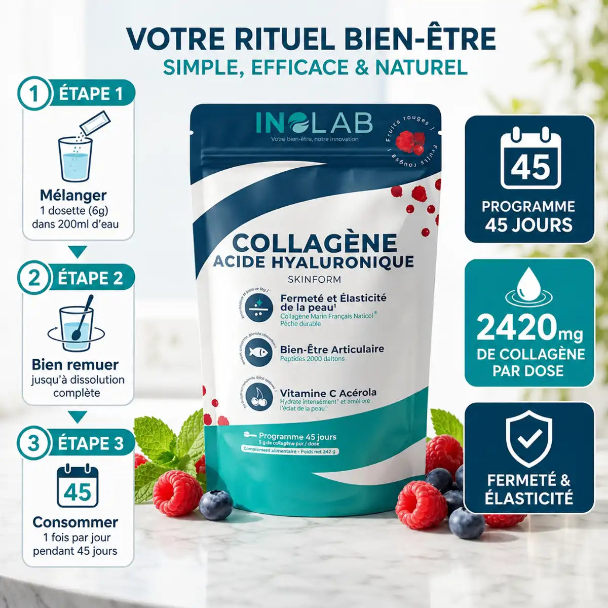 Skinform Collagène Marin Acide Hyaluronique fruits rouges avec instructions préparation 45 jours