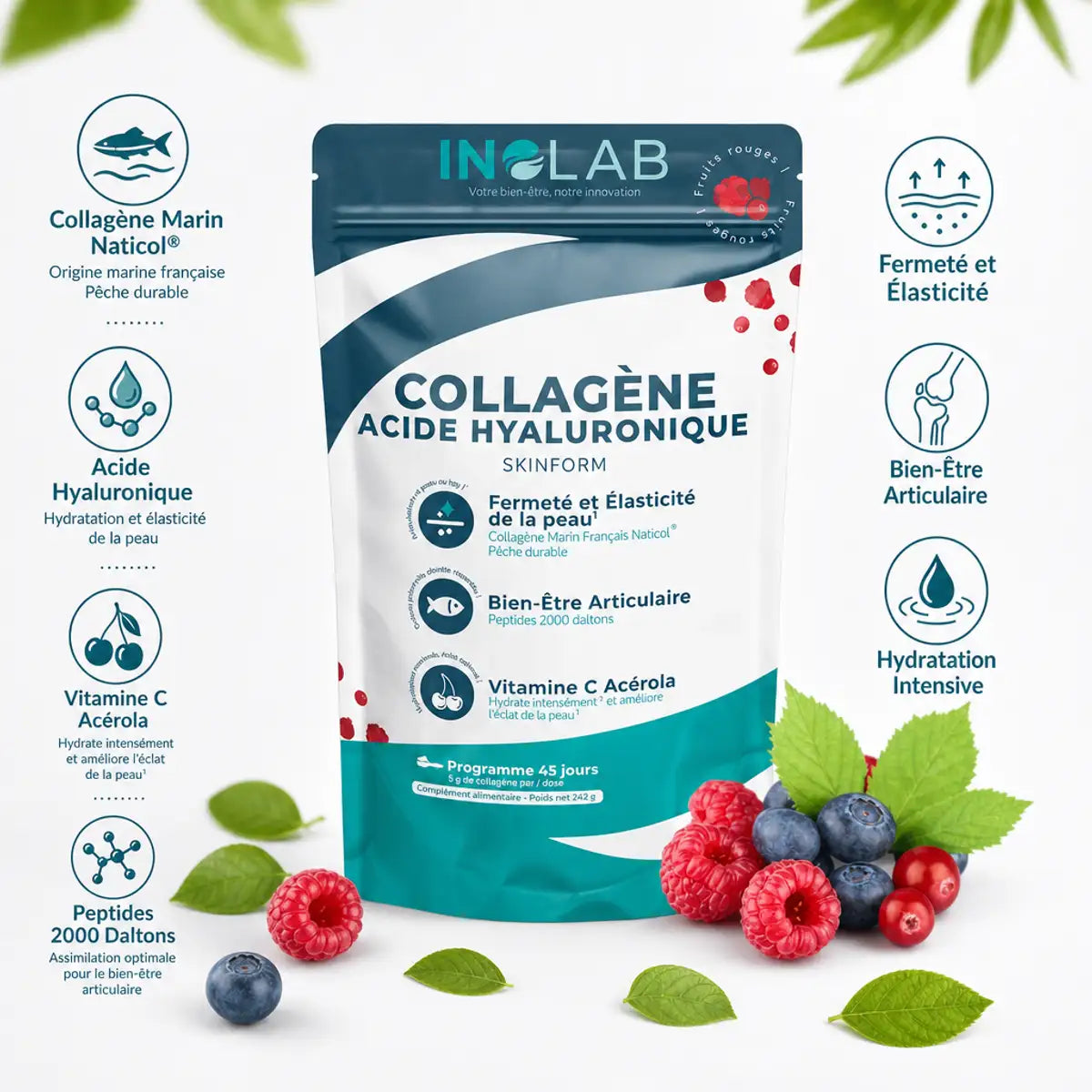 Skinform Collagène Marin Acide Hyaluronique fruits rouges 242g Inolab packaging produit