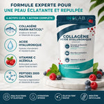 Skinform Collagène Marin + Acide Hyaluronique fruits rouges avec ingrédients clés et emballage produit