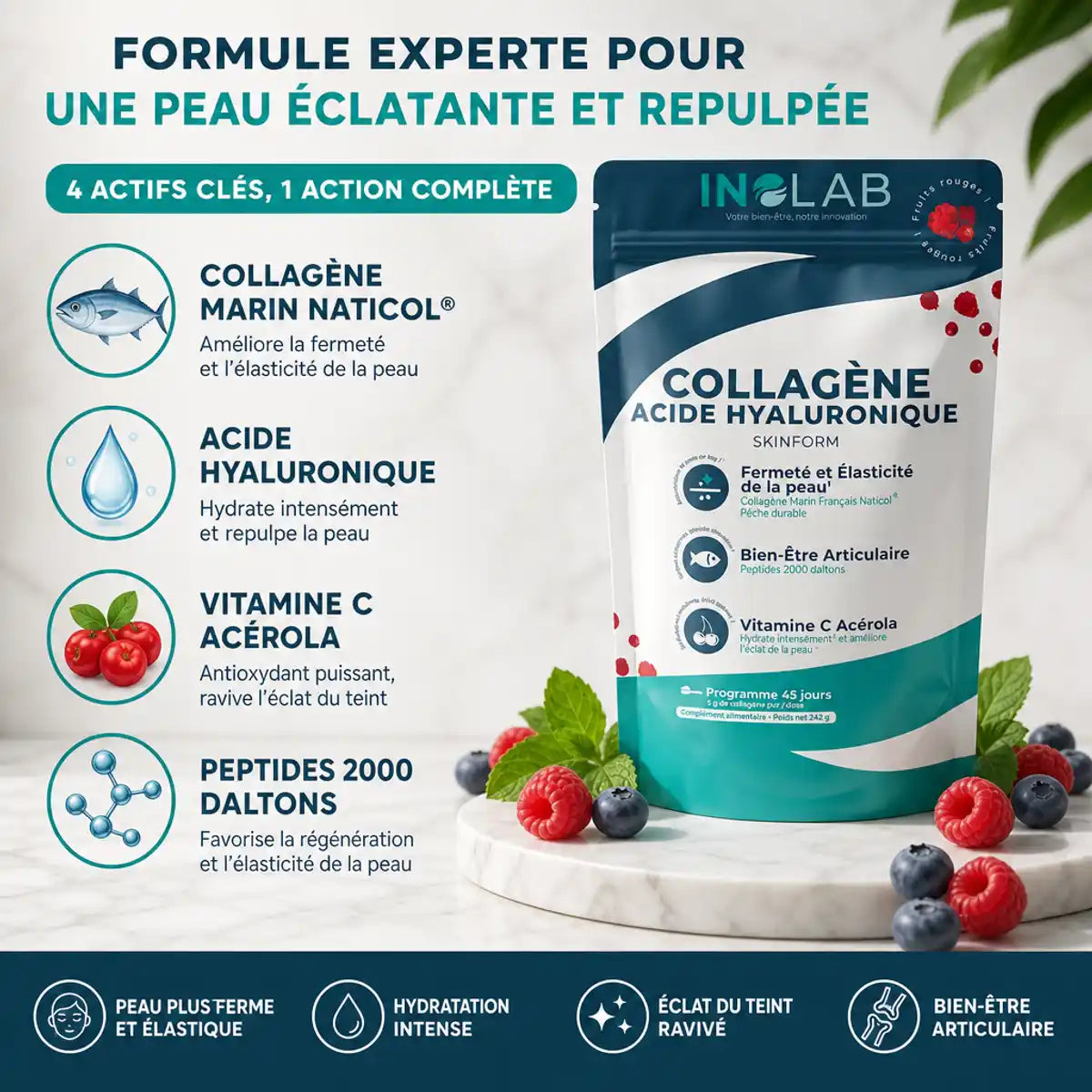 Skinform Collagène Marin + Acide Hyaluronique fruits rouges avec ingrédients clés et emballage produit