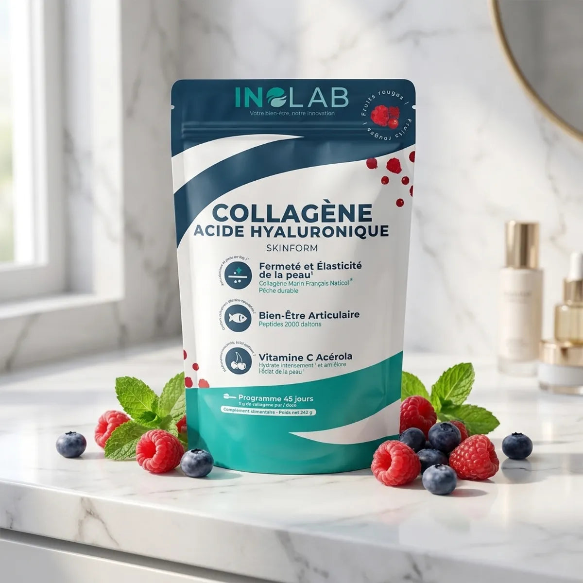 Skinform Collagène Marin fruits rouges sur marbre avec baies et menthe, packaging cosmétique premium